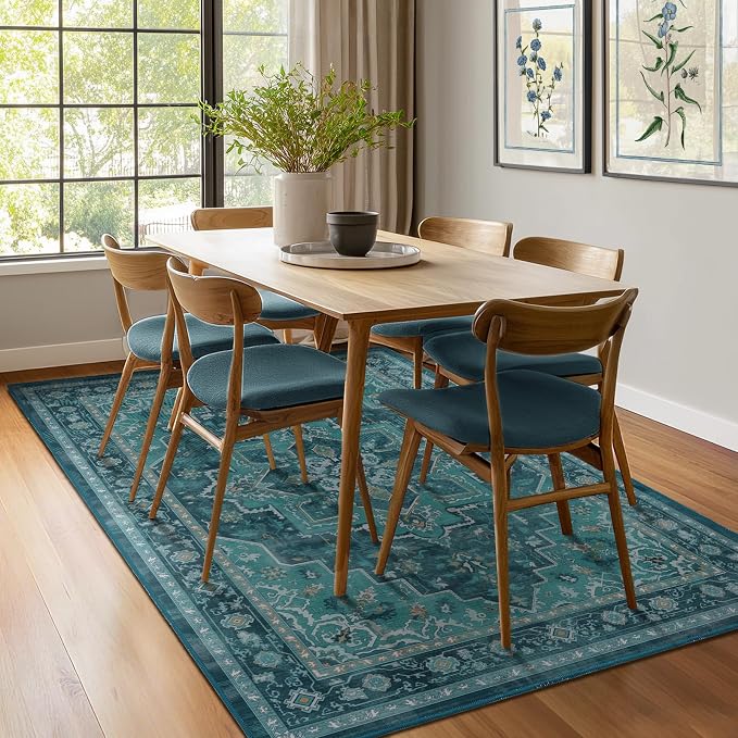 Teal 5x7 Area Rugs for Living Room, Vintage Medallion Classic Bedroom Rug Washable Non Slip, Boho Low Pile Thin Carpet Rugs for Dining Room/Kitchen/Home Office/Foyer