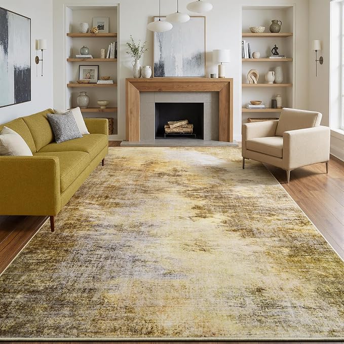 Abstract Area Rugs 8x10 Mid-Century Retro Distressed Gold Washable | TPR Non-Slip Backing Vintage Low-Pile Rug, Anti-Shedding Aesthetic Carpet for Living Room, Bedroom, Home Decor, Golden Fall