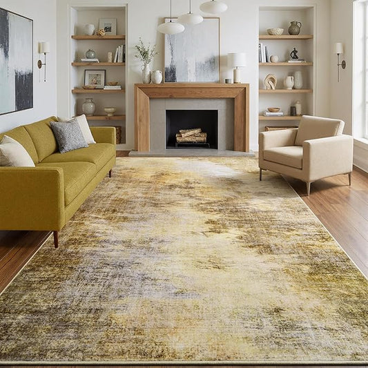 4x6 Vintage Distressed Abstract Area Rug: Machine Washable, Non-Slip | Stain Resistant Low-Pile Carpet, Pet and Kid Friendly TPR Back Rugs for Living Room Bedroom Indoor Home Decor, Golden Fall