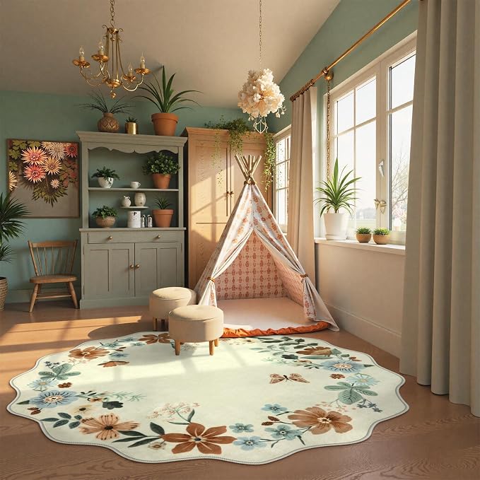 Lahome Floral Washable Round Area Rug, Soft Round Rugs 6ft Ultra-Thin | Non-Slip Boho Large Circle Carpet for Bedroom Living Room Kitchen Nursery Flore, Beige