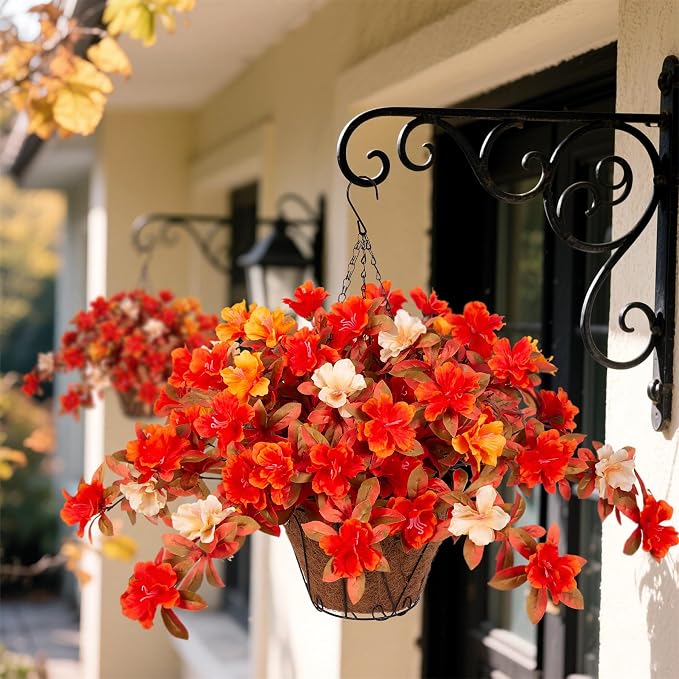 Ammyoo Fall Flowers with Hanging Basket Artificial for Decoration, Fake Silk Rhododendron Flowers for Outdoors, UV Resistant No Fade Floral for Home Garden Balcony Porch Patio Wedding Party Decor