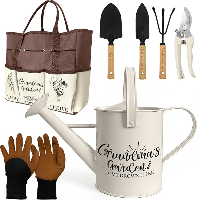 Grandma Gifts, Mothers Day Garden Kit Gifts for Grandma from Grandkids Gardening Tools and Durable Garden Tools Organizer Tote, Ideal Gardening Set for Women on Plant Lover Birthday Present Brown