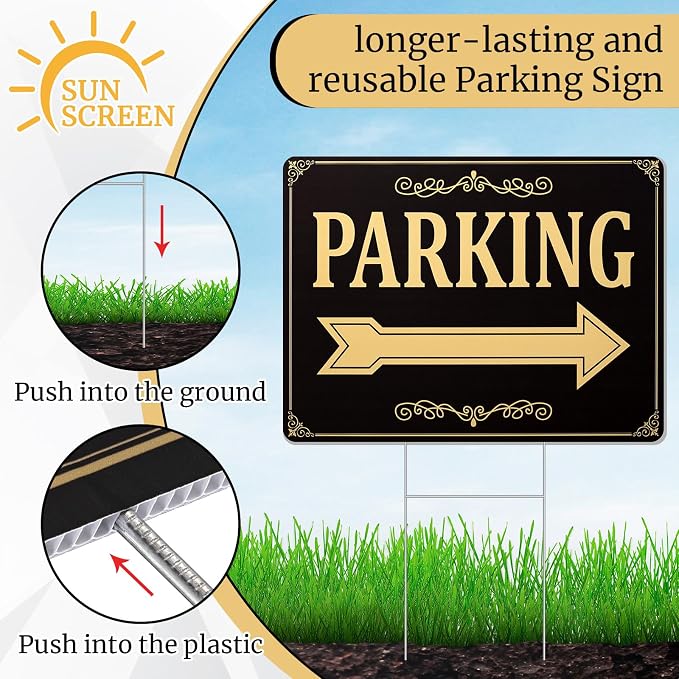 Menkxi 10 Pcs Wedding Parking Sign with Stake, Double-sided Parking Direction Signs, Corrugated Plastic Black & Gold Yard Signages for Party Outdoor Events – Includes 17" x 6" and 12" x 16" Sizes