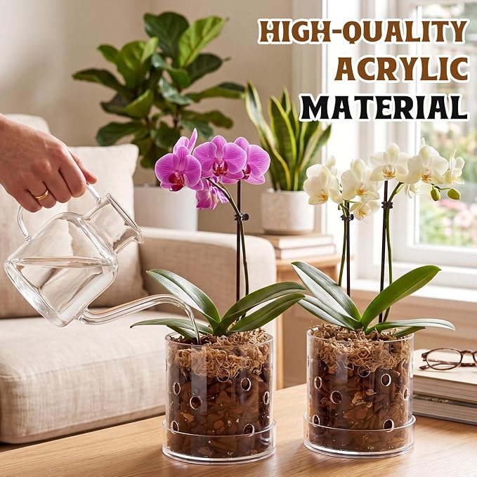 2 Pcs 5 Inch Clear Acrylic Orchid Planter Pot with 360° Round Holes & Tray, Thick Acrylic Vented Planter for Phalaenopsis, Root Airflow, Bottom Watering & Indoor Orchid Repotting