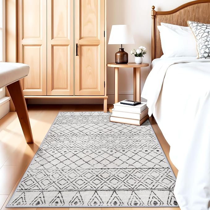 3x5 Washable Moroccan Area Rug: Ultra Soft Low Pile Non Slip Rugs Grey | Modern Geometric Printed Indoor Floor Carpet for Living Room Bedroom Entryway Kitchen Home Decor