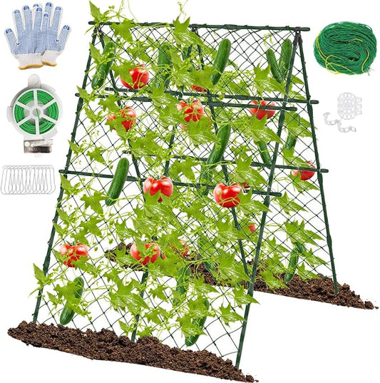 63"H x 47"L Cucumber Trellis for Raised Bed, Adjustable Garden Trellis for Climbing Plants Outdoor with Climbing Net and Plant Support Clip, A-Frame Trellis for Vegetable, Cucumbers, Tomatoes