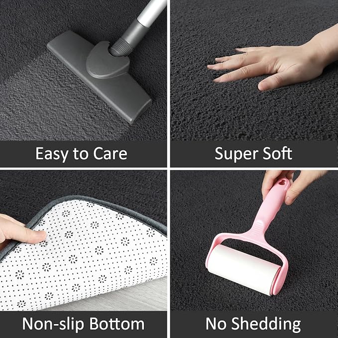 AROGAN Small Area Rugs for Bedroom, 2×4 Non Slip Runner Rug, Black | Washable Fluffy Carpet with Memory Foam, Indoor Rug Runner for Kitchen, Bedside, Entryway Bathroom Home Decor