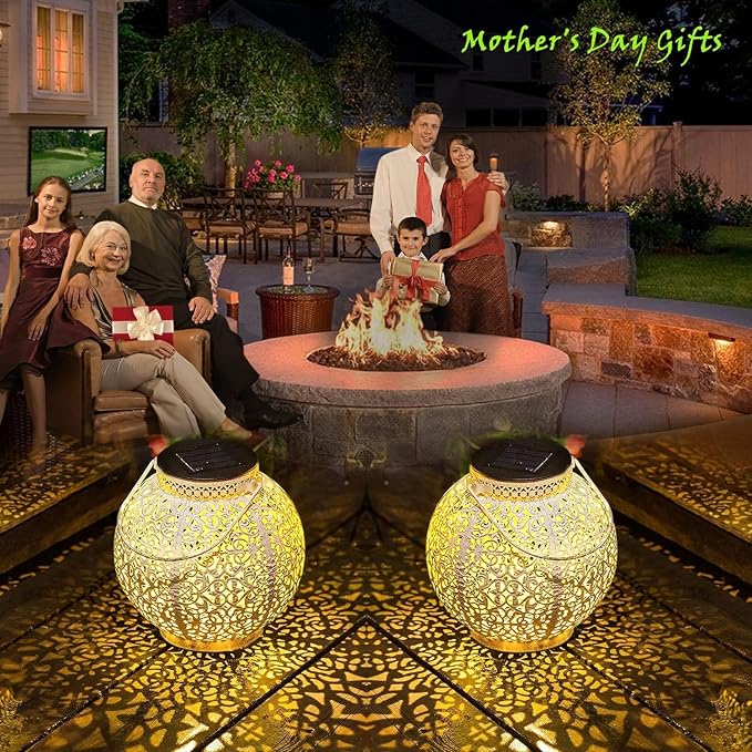 TAKE ME 2 Packs White Solar Lanterns Outdoor Waterproof Garden Laterns Metal Retro Lights for Mothers Gifts Mom Wife Grandma Birthday Gifts (White Set of 2)