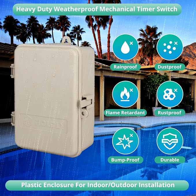 T104 Mechanical Pool Timer Switch, Weatherproof Plastic Enclosure, 208-277VAC 60Hz DPST, Indoor/Outdoor Install, for Pool Pump, Spa Equipment, Landscape Lighting, Outdoor Irrigation