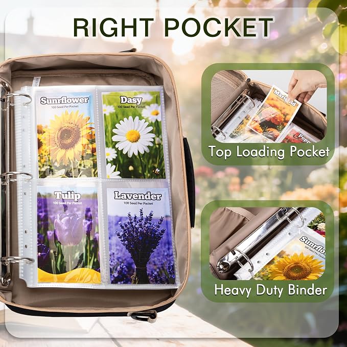 Seed Storage Organizer Binder with 20 Reusable Seed Envelopes | 30 Sheet Protectors Holds 120 Packets Envelopes, 1.5-Inch 3-Ring Binder, Handle & Adjustable Shoulder Strap,Ideal for Garden