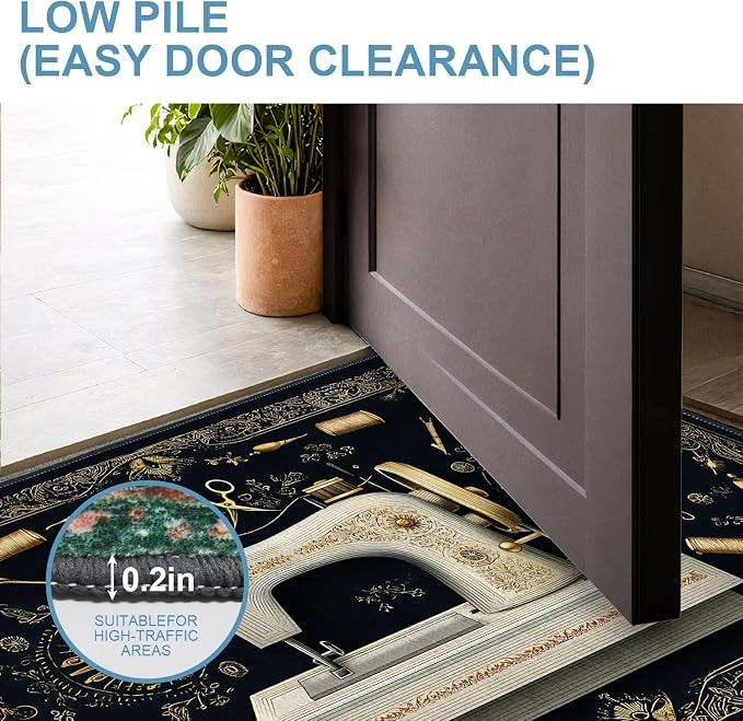 Vintage Sewing Machine Ornate 2x3 Entry Rug,Washable Small Rugs for Entryway Kitchen Bathroom Door Mat Indoor Entrance,Non Slip Rubber Backing,Stain & Fade Resistant,Craft Lover Decor