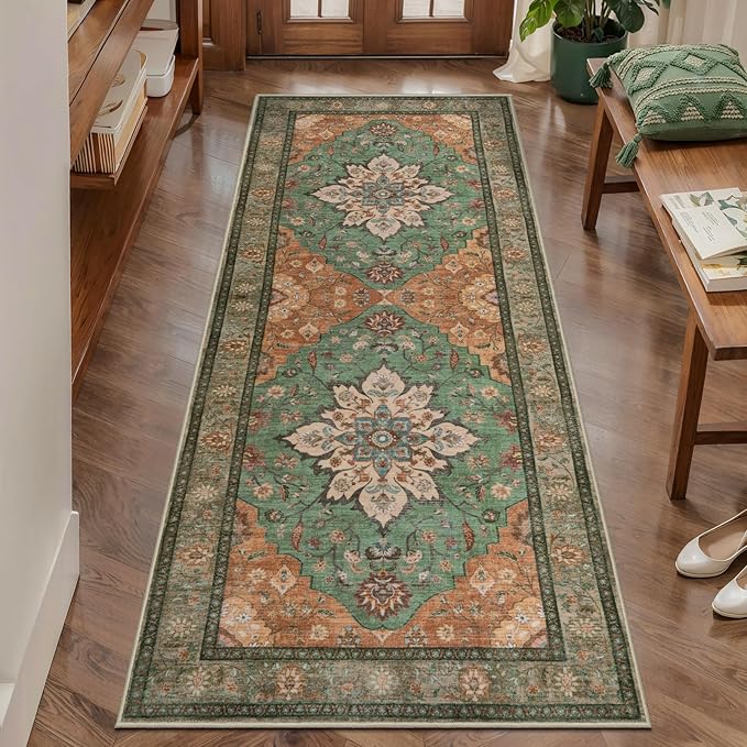 Tangsoo 2x5 Washable Runner Rug for Hallways, Vintage Non Slip Rug Runner | Vintage Soft Low Pile Rug Runner, Oriental Print Carpet Runners for Entryway Kitchen Bedroom Bathroom Living Room Tan/Green