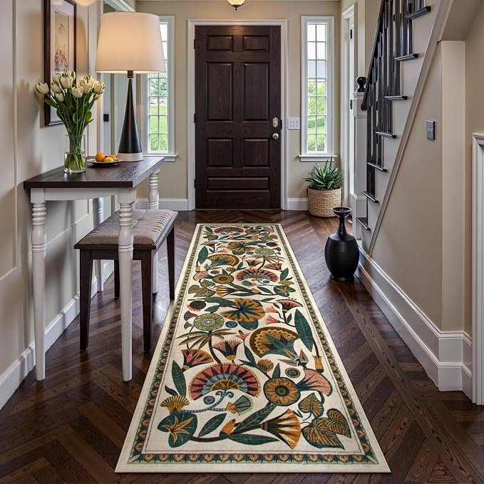 Zealude Egypt Floral Washable Bathroom Runner Rug for Kitchen Floor,2x8 Boho Rug Runners for Hallways Entryway,Vintage Non Slip Soft Throw Carpet for Laundry Room Entrance (Beige,2'6''x8')