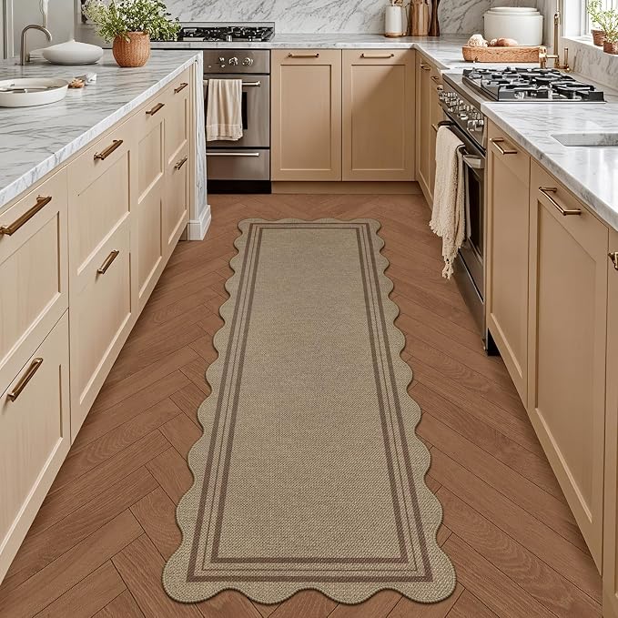 Scalloped Easy Jute 2x6 Kitchen Runner Rug, Washable Rugs for Entryway Non Slip Outdoor Indoor Long Rug, Farmhouse Morden Carpet for Hallway Bedroom