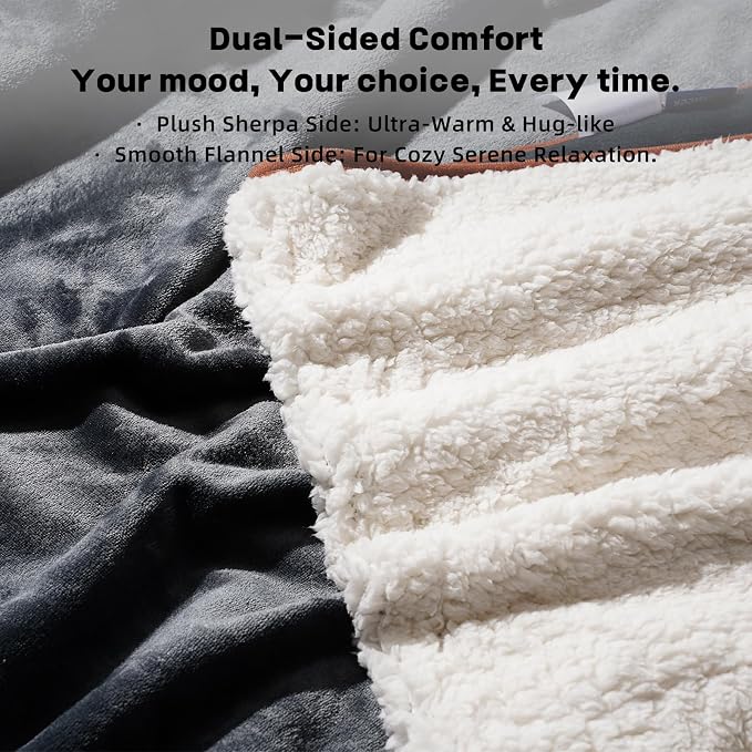 Sunsleek Bed Blanket Waterproof Sherpa Fleece Blanket for Sofa Couch Travel, Reversible Throw Blanket for Large Dog Puppy Cat, Furniture Protector(Grey, 80x90 inches)