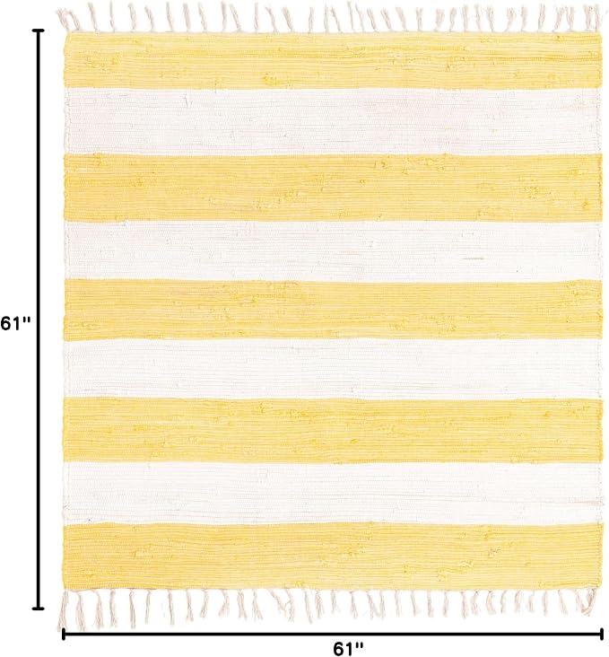 Unique Loom Chindi Rag Collection Area Rug - Striped (5' 1" Square, Yellow and Ivory)