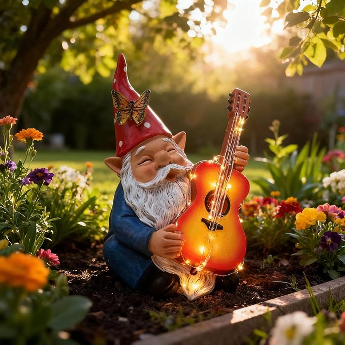 Funny Garden Gnome Statue Solar Hippie Gnomes Decorations Figurine Yard Ornament Gnome Playing Lighted Guitar LED Lawn Patio Porch Decor for Outdoor House Housewarming Gifts for Women