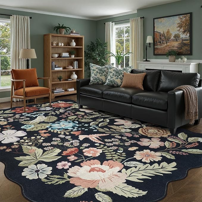 DCX Vintage Floral Washable Area Rug 8x10, Non Slip Low Pile Rug, Black | Rugs for bedroom, living room, dining room, office, soft, kid & pet friendly, sain resistant indoor carpet, home decor