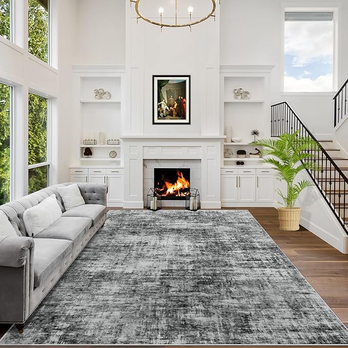 9x12 Area Rugs for Living Room: Washable Abstract Black Badroom Carpet | Non-slip TPE backing makes this washable soft low-pile rug safe & durable, Pet-friendly decor for dining room,nursery,office