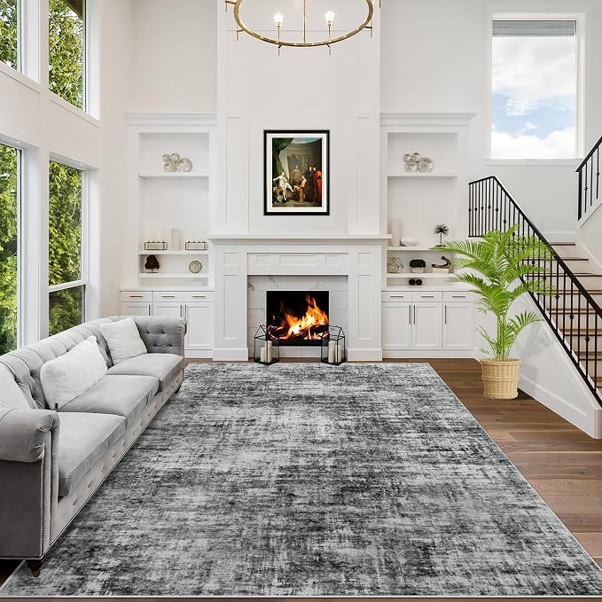 6x9 Area Rugs for Living Room: Washable Abstract Black Badroom Carpet | Non-slip TPE backing makes this washable soft low-pile rug safe & durable, Pet-friendly decor for dining room,nursery,office
