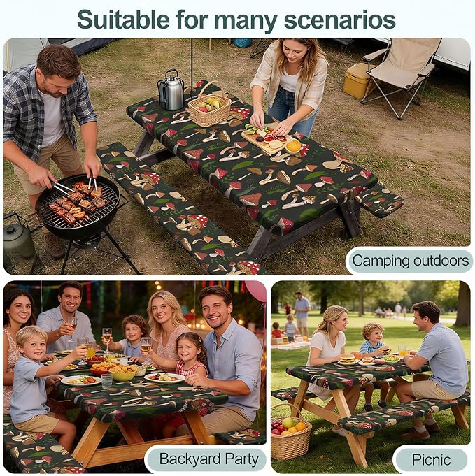 Play Tailor Picnic Table Cover with Bench Covers Camping Essentials Waterproof Windproof Camping Tablecloth with Drawstring Bag, Fitted Rectangle Tables and Seats, 72in, Black Red
