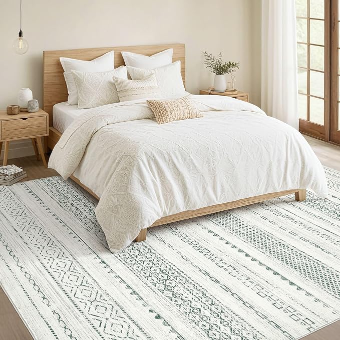 Nakagishi Boho 5x7 Area Rug Living Room Rugs Machine Washable Green | Soft, Pet & Kid Friendly, Carpet for Living Room/Bedroom/Office/Kitchen/Nursery, Daily Home Decor Stain Resistant Moroccan