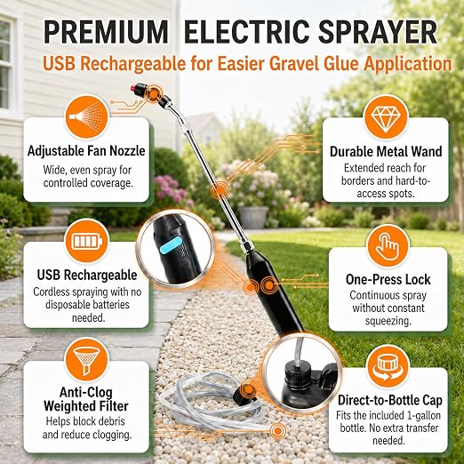 YKF Gravel Glue Kit with Electric Sprayer, 1 Gallon Rock Glue & Gravel Binder for Pea Gravel, Crushed Stone, Decorative Pebbles, Landscape Garden Borders, Patio Edges, Blue Tint Tracker
