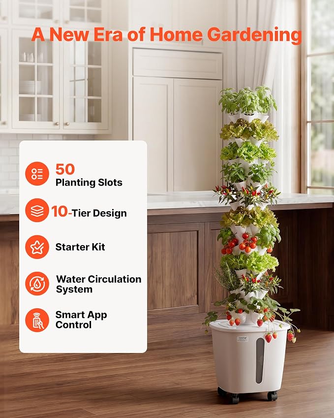 VEVOR Hydroponic Tower, 50 Pods 10 Tiers Hydroponics Growing System Kit with App Control & Casters, Vertical Home Garden with 20L Water Tank & Pump, Planter for Indoor Herbs, Fruits and Vegetables