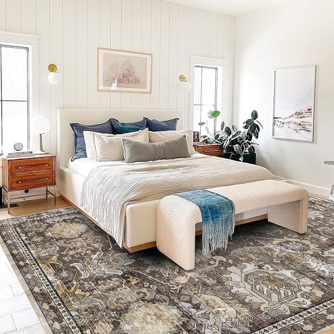 Washable Area Rugs - Perfect for Living Room, Bedroom, Kids Room, Nursery - Stain & Water Resistant Non-Slip, Pet & Child Friendly, Vintage Tribal Area Rugs (Ivory, 6' x 9')