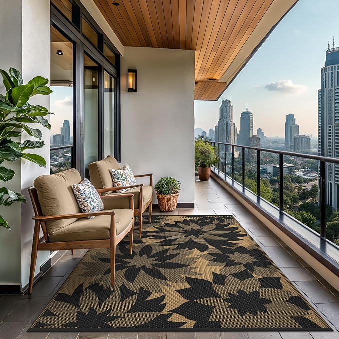 GENIMO Outdoor Rug 6' x 9' Waterproof for Patio Clearance, Reversible Plastic Straw Camping Mat, Light Weight Carpet for Rv, Camper, Deck, Porch, Picnic, Balcony, Beach,Charcoal Black & Brown