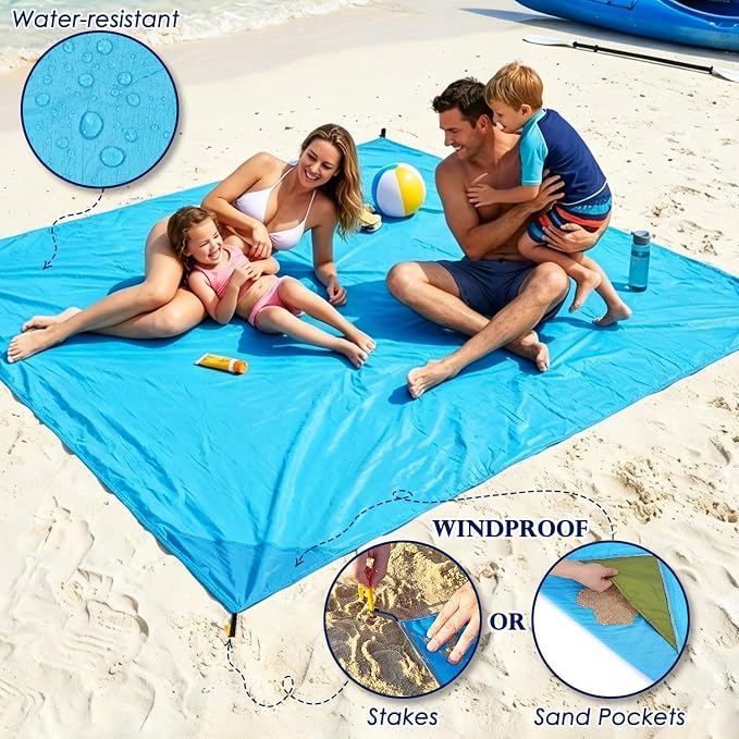 Fammart Beach Blanket Sandproof Waterproof, Extra Large Beach Mat with Stakes & Corner Pockets, Oversized & Compact Sand Free, Quick Drying Beach Essentials for Vacation, Cruise, Picnic & Camping