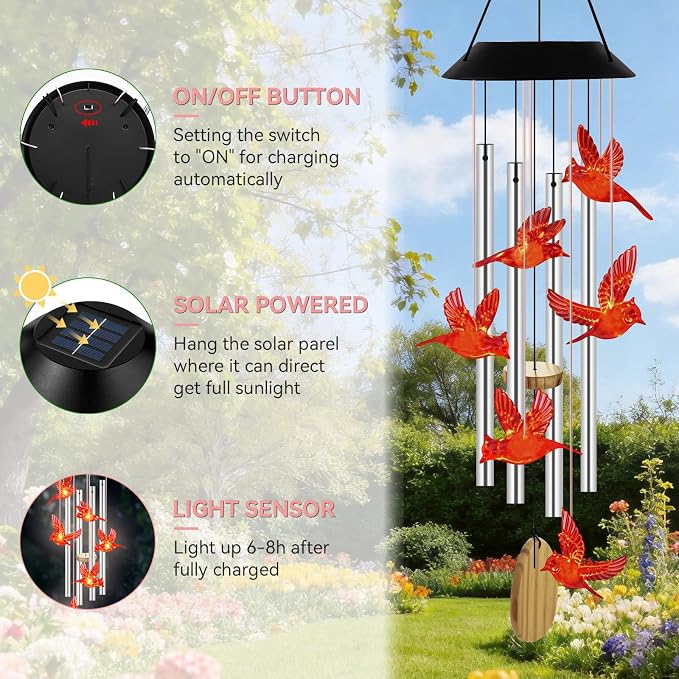 Wind Chimes for Outside, Solar Lights Outdoor Waterproof, Color Changing Cardinal Light for Yard, Outdoor, Patio, Garden Decor, Wind Mobiles Gardening Gifts for Women, Mom, Wife, Red Cardinal