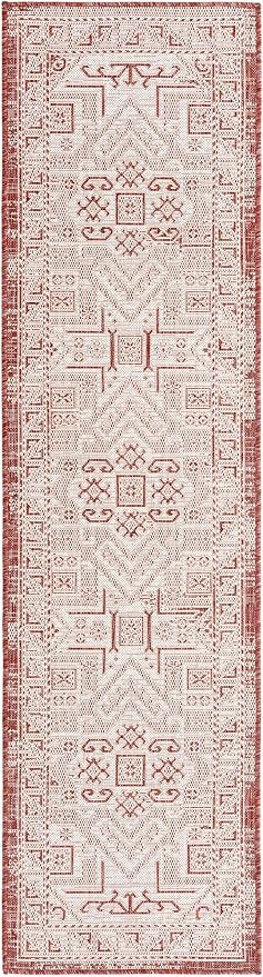 Unique Loom Outdoor Aztec Collection Area Rug - Coba (2' x 7' 10" Runner, Rust Red/ Ivory)