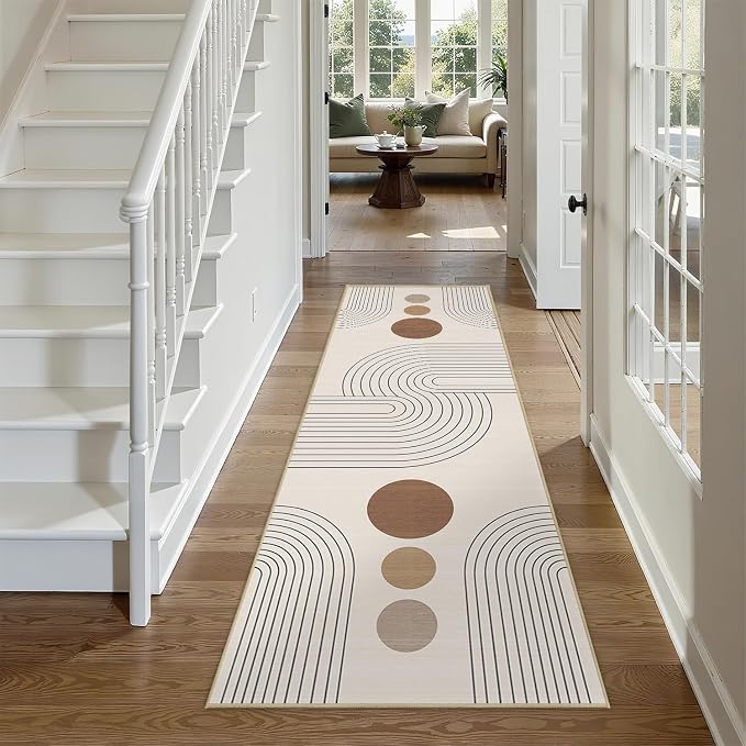 Boho Runner Rug 2x6 Modern Geometric Abstract Rug for Hallway Kitchen Bedroom Neutral Beige Mid Century Modern Runner Machine Washable Non-Slip Printed Low-Pile Long Floor Carpet for Bathroom Laundry