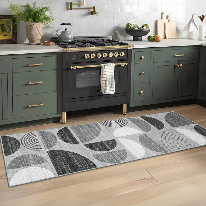 Runner Rug Washable,2x6 Area Rugs Non Slip Modern Abstract Boho | Long Throw Carpet for Hallways Kitchen Bathroom Bedroom Entryway Laundry Soft Low Pile Floor Indoor Bohemian Black and Grey