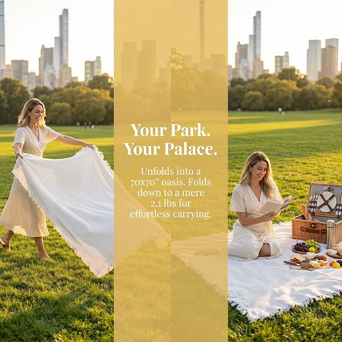 70"x 70" Picnic Blanket Extra Large,Layer Outdoor Blanket for 5 to 7 Adults,Camping Grass Lawn Park Accessories Cute Couple Gifts Ideas Wedding Registry for Park, Beach (Cream)