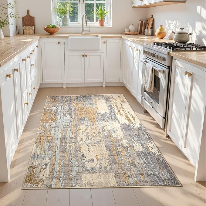 Toneed 4x6 Washable Non Slip Abstract Area Rugs for Bedroom Living Room | Soft Modern Low Pile Rug for Kitchen Hallway Office,Indoor Carpet for Kids Nursery Home Decor, Camel