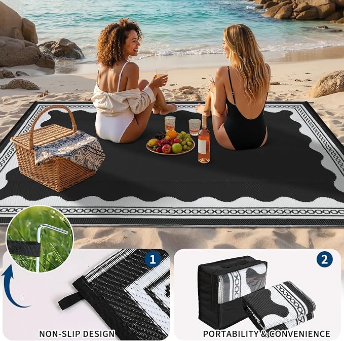 Garvee Outdoor Rug 8x10 Scalloped Waterproof Patio RV Outdoor Rugs Reversible Foldable Plastic Straw Rug Modern Camping Carpet for Deck Camper Porch Balcony Backyard Picnic Beach Black and White