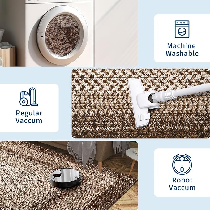 RUGSREAL 9x12 Living Room Large Washable Rug Non Slip Geometric Carpet | Indoor Throw Floor Cover Farmhouse Rustic Area Rug Modern Geometric Border Carpet for Bedroom Home Decor, Brown