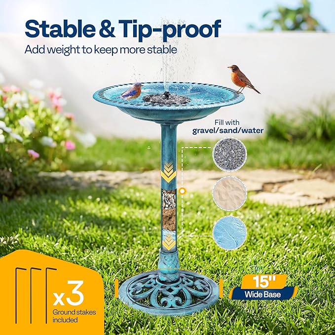 VIVOHOME Bird Bath with Solar Fountain for Outside, Polyresin Pedestal Bird Baths with Solar Powered Pump for Outdoor, Garden, Weather-Resistant Birdbaths with 20" Bowl, Blue