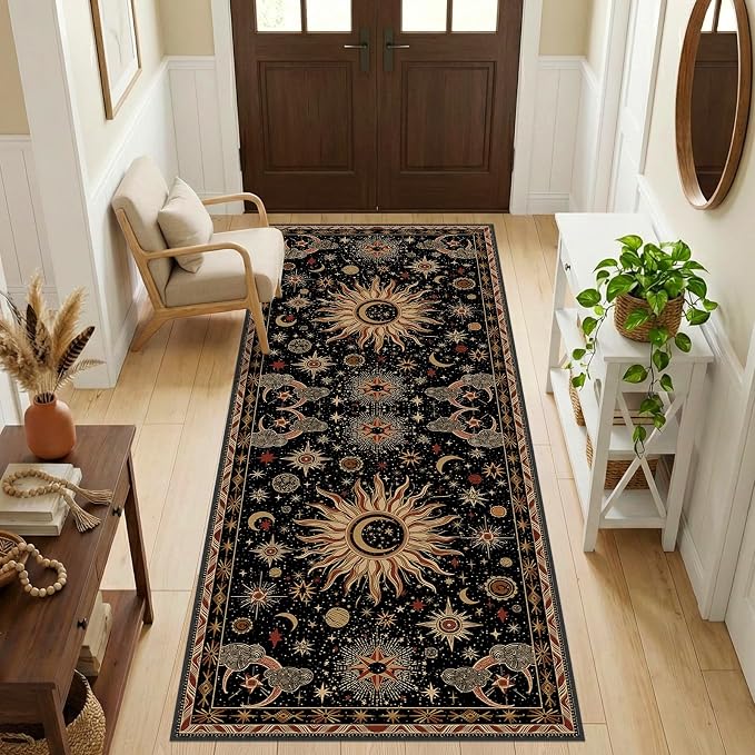 Vacuum-Friendly, 2x6 Washable Area Rug, Black Gold Beige Red | Sun and Moon Boho Gothic Non-Slip Low Pile Living Roon Bedroom Dining Room Kitchen Entry Entryway Entrance Hallway Doormat