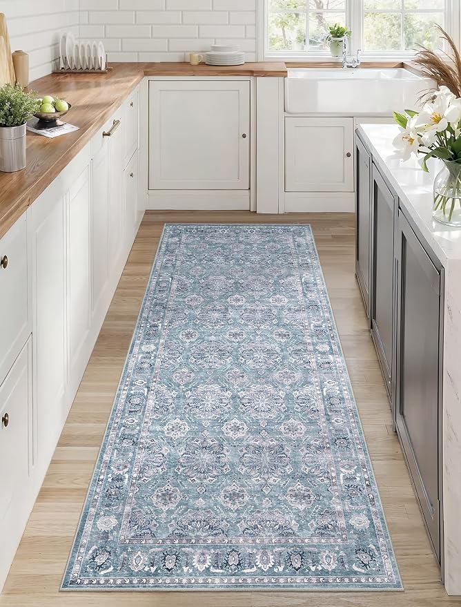 SERISSA 2x5 Washable Non Slip Floral Boho Runner Rug for Hallway | Ultra Soft Vintage Floral Carpet Low-Pile Blue Grey Indoor Mat Throw Rug for Kitchen Bedroom Bathroom Laundry Living Room