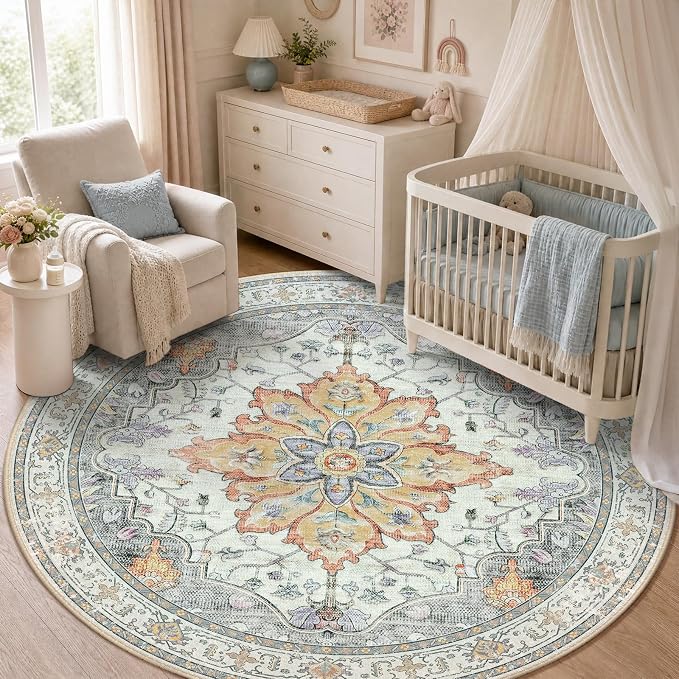 RELEANY Washable Area Rug, Round 5ft, Beige/Carbon Grey/Orange | Non-Slip, Water Repellent, Pet Friendly, Easy to Clean, Vintage Floral Boho Decor for Living Room Bedroom Dining Room