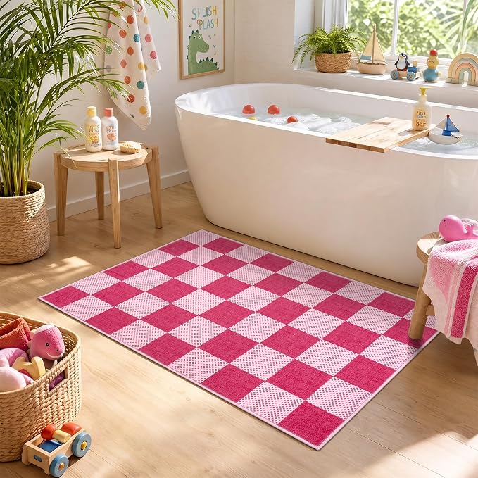 GarveeHome Checkered Hot Pink 2x3 Washable Girls Rug Low-Pile Room Door Mat | Hot Pink Soft Stain Resistant Boys Rug for Entryway Bedroom Bathroom Kitchen Non-Slip Geometric Modern Rug TPE Backing
