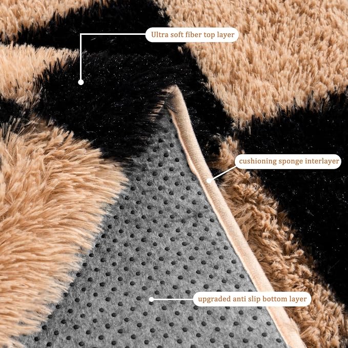 Checkered Rug 9x12 for Living Room, Ultra Fluffy Fuzzy Shag Large Area Rug for Bedroom, Modern Plush Soft Upgrade Non-Slip Carpet for Kids Girls and Boys Room Dorm Home Decor, Black and Beige