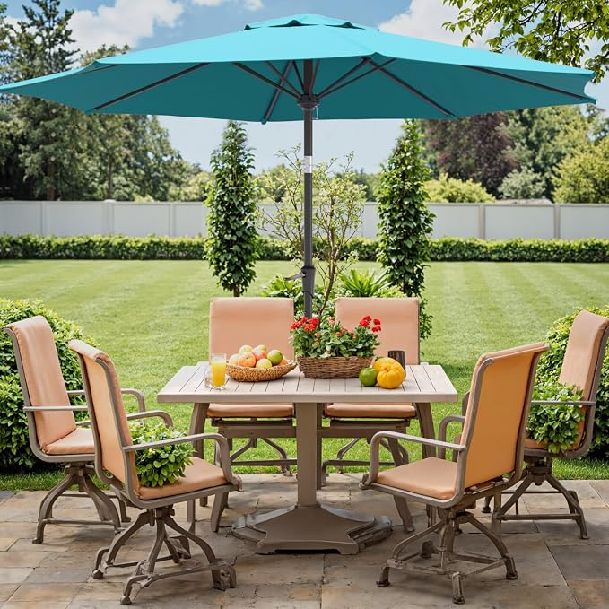 Outdoor Patio Umbrella with One Push Button Tilt and Crank, 8 Sturdy Ribs Market Table Umbrella