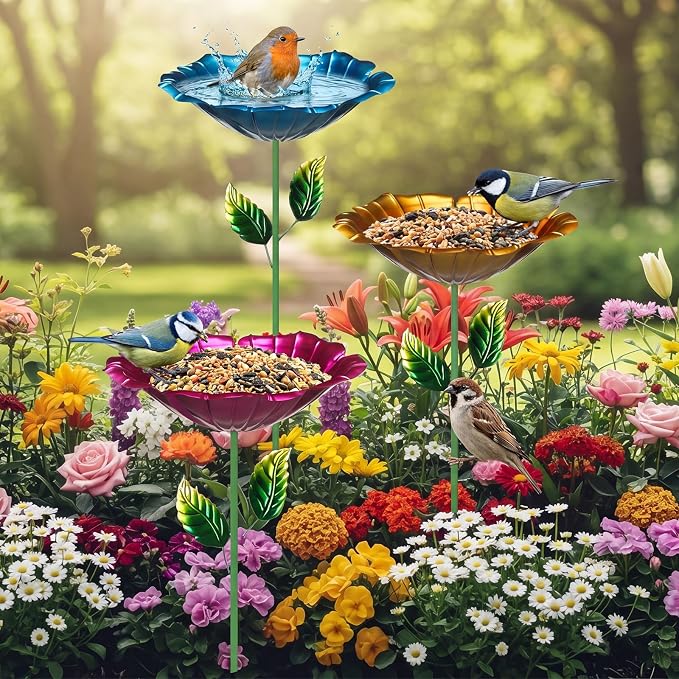 3 Pack Metal Bird Baths for Outdoors 31.5" H x 10.6" D Flower Bird Feeders with Metal Stake Colorful Hummingbird Watering Station for Garden Yard Lawn Decoration