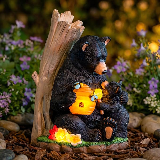 C&Y&G&X Solar Bear Garden Statue Lights, Black Bear & Cub Outdoor Resin Yard Decor for Patio Porch Lawn, Solar Garden Figurine with Light-Up Beehive, Housewarming Gifts for Garden Lovers