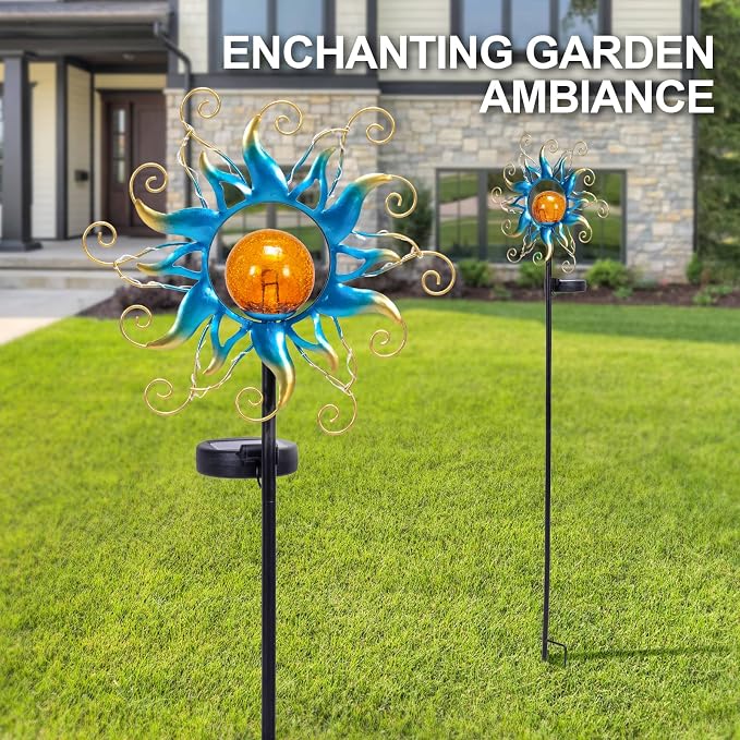 Solar Lights Outdoor Garden Decor, Blue Metal Sun Crackle Glass Globe Stake Waterproof 30LED Decorations Unique Gifts for Women,Mom,Outside, Patio,Lawn,Yard,Pathway