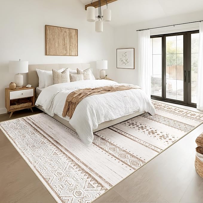 5x7 Washable Area Rugs for Living Room Boho Bedroom Rug Cream/Brown/Pink | Vacuum Friendly, Machine Washable, Non-Slip Rug, Stain Resistant, Moroccan Geometric, Low Pile Carpet, Dining Room Kitchen